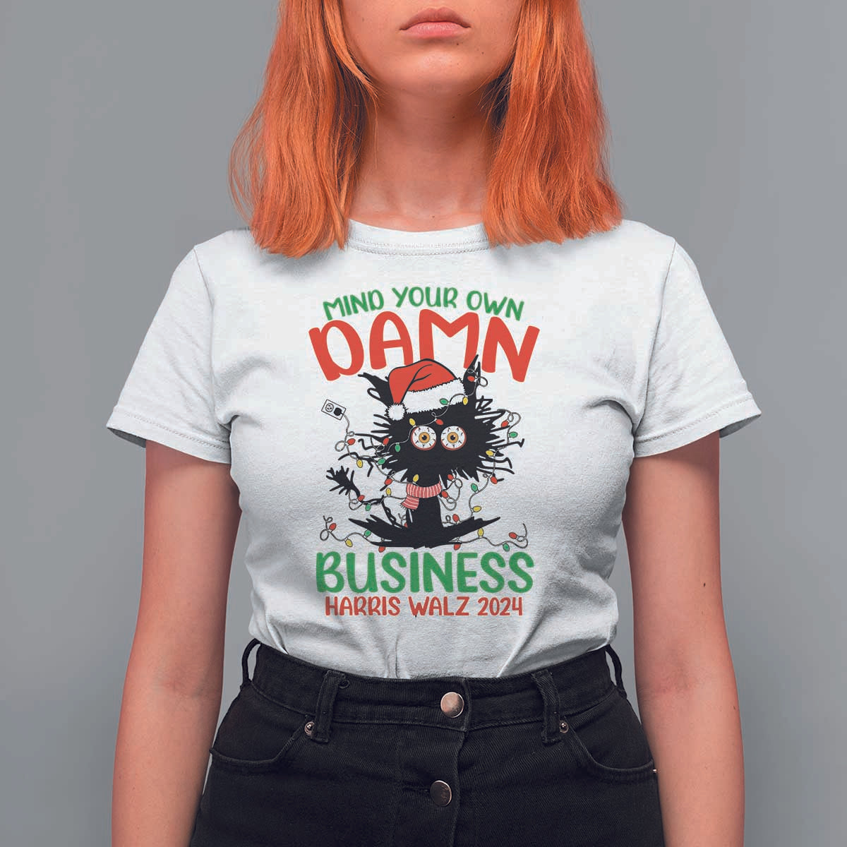 Christmas Harris Walz T Shirt For Women Funny Santa Cat Mind Your Own Damn Business - Wonder Print Shop