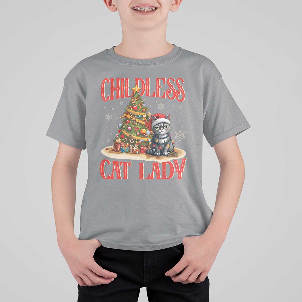 Christmas Childless Cat Lady T Shirt For Kid Funny Cat Christmas Light Tree - Wonder Print Shop