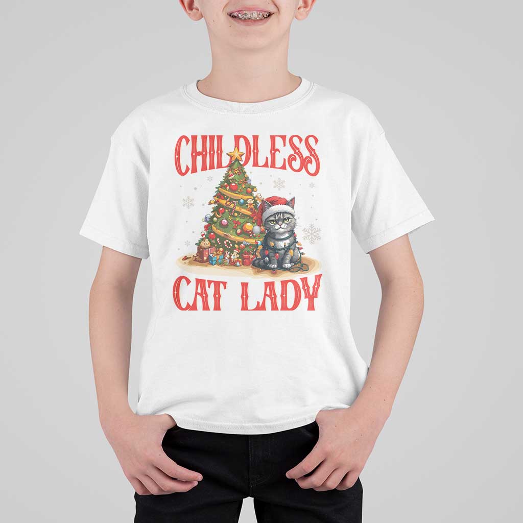 Christmas Childless Cat Lady T Shirt For Kid Funny Cat Christmas Light Tree - Wonder Print Shop