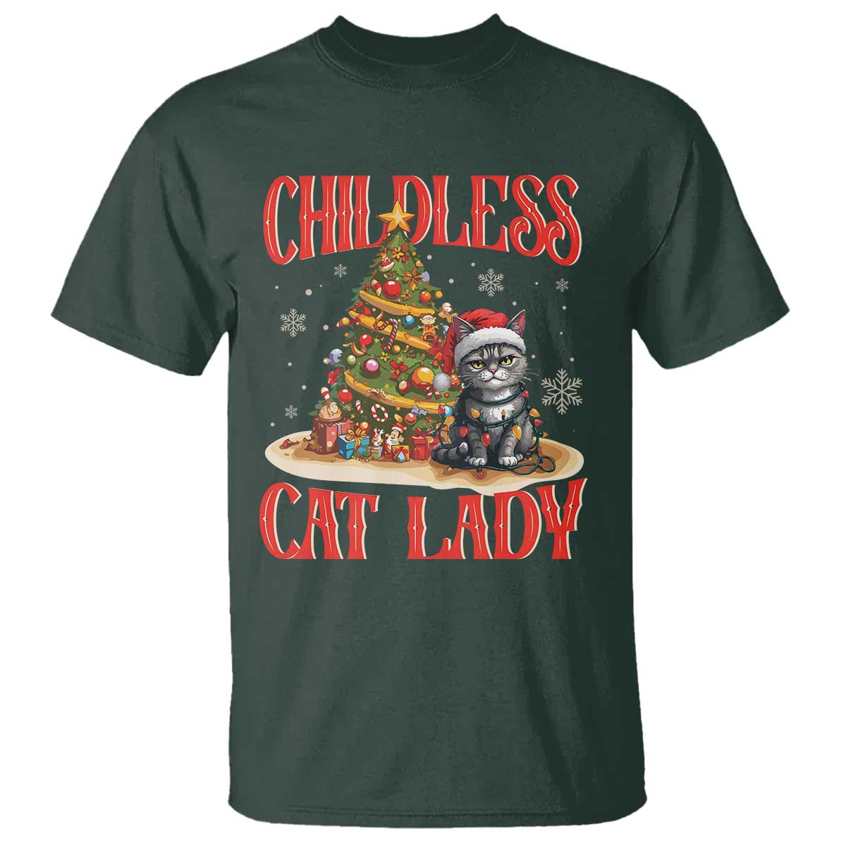 Christmas Childless Cat Lady T Shirt Funny Cat Christmas Light Tree - Wonder Print Shop