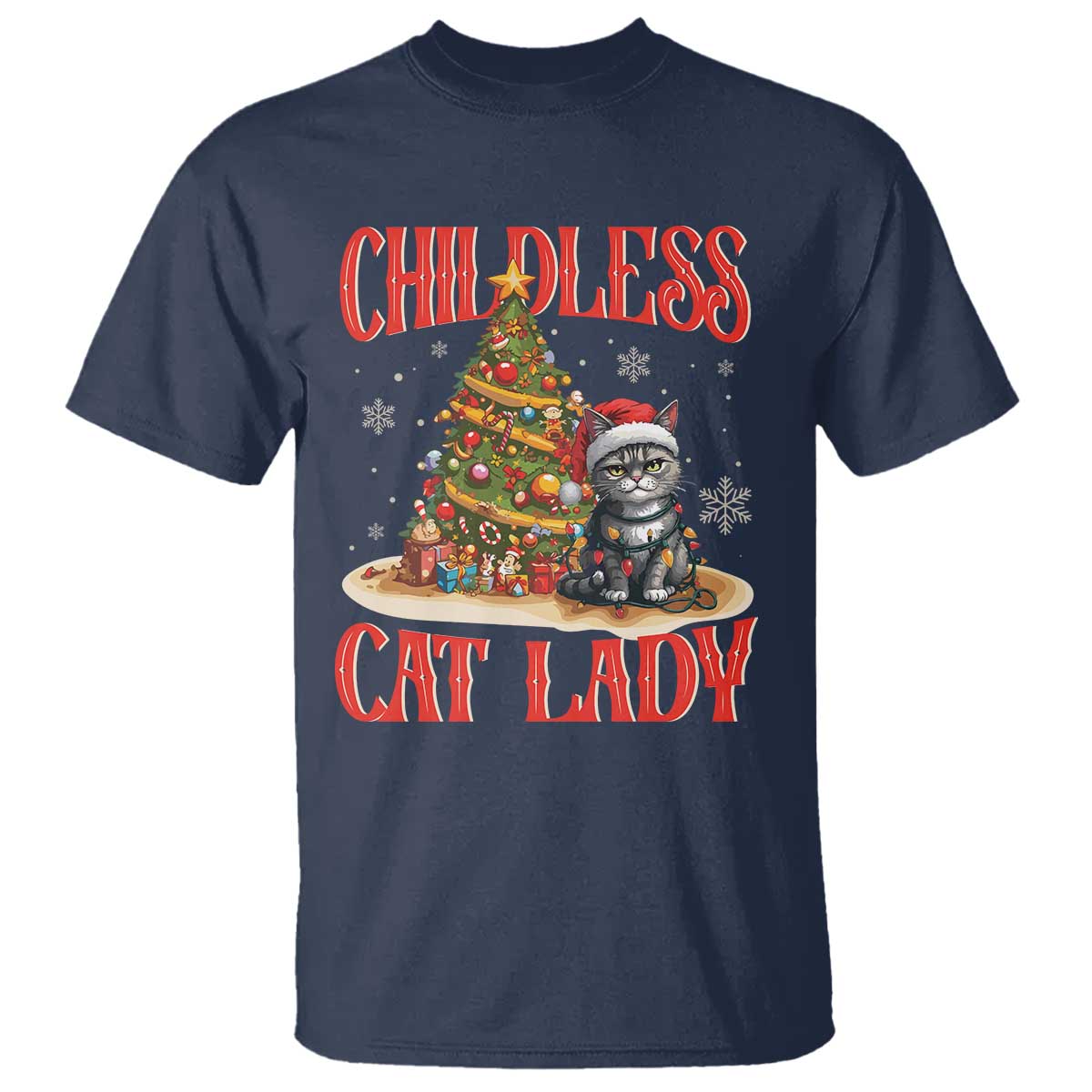 Christmas Childless Cat Lady T Shirt Funny Cat Christmas Light Tree - Wonder Print Shop
