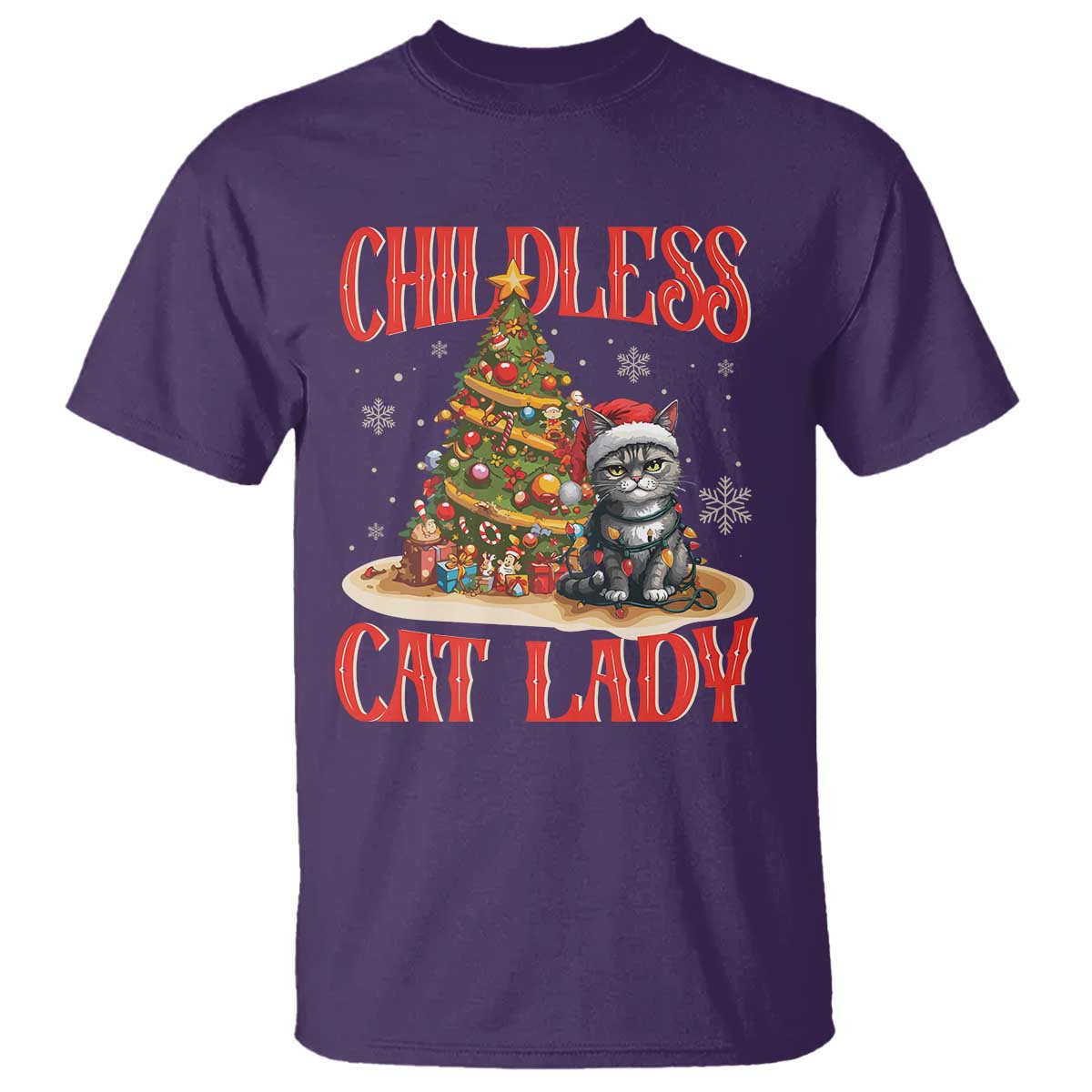 Christmas Childless Cat Lady T Shirt Funny Cat Christmas Light Tree - Wonder Print Shop