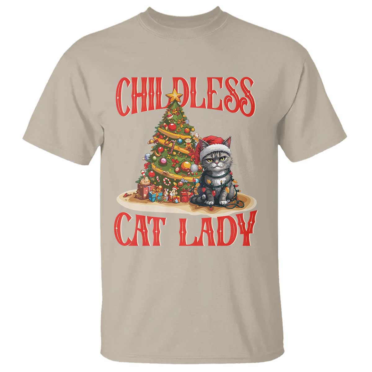 Christmas Childless Cat Lady T Shirt Funny Cat Christmas Light Tree - Wonder Print Shop