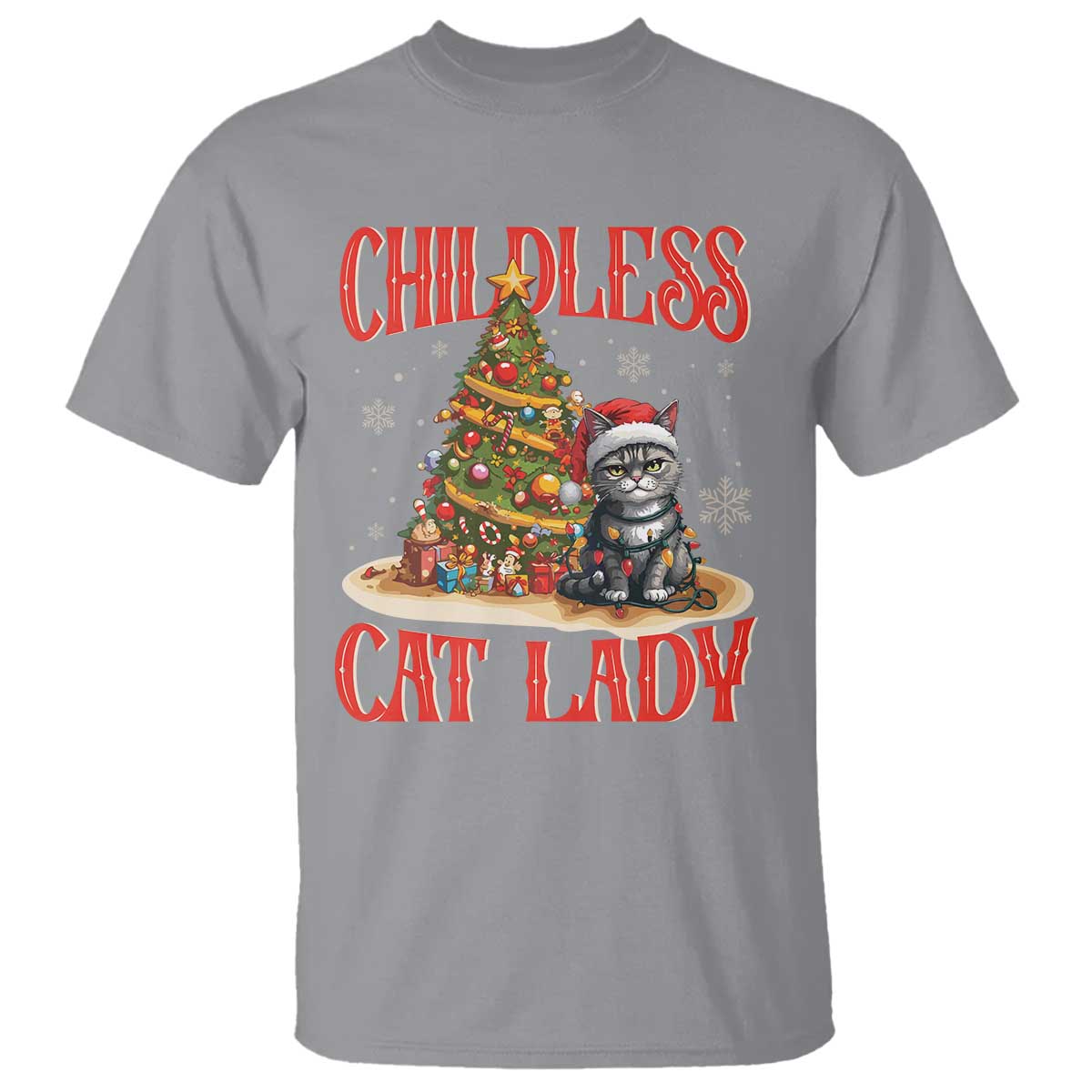 Christmas Childless Cat Lady T Shirt Funny Cat Christmas Light Tree - Wonder Print Shop