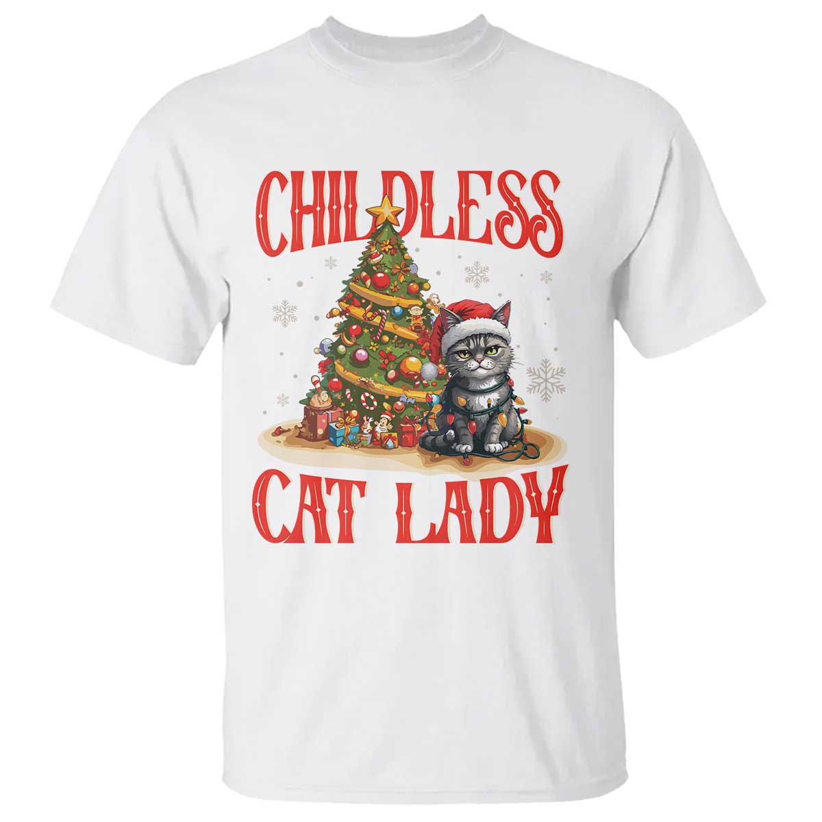 Christmas Childless Cat Lady T Shirt Funny Cat Christmas Light Tree - Wonder Print Shop