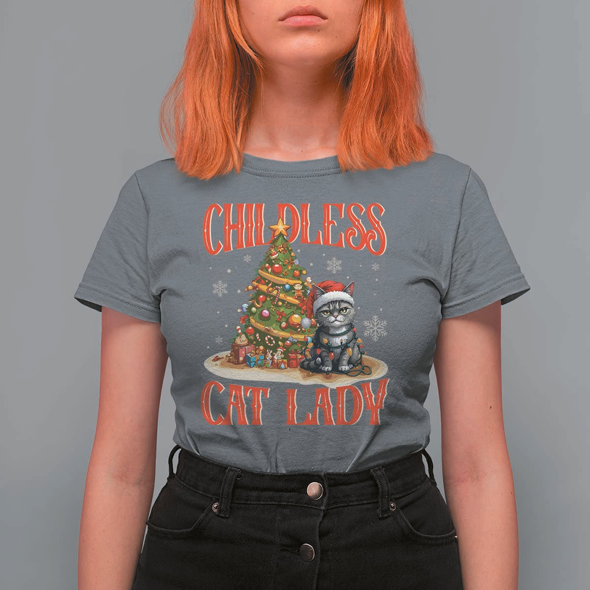 Christmas Childless Cat Lady T Shirt For Women Funny Cat Christmas Light Tree - Wonder Print Shop
