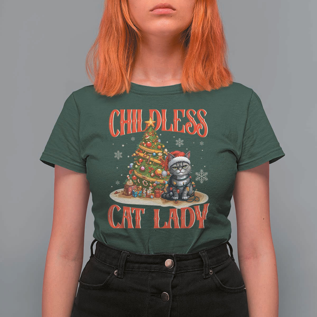 Christmas Childless Cat Lady T Shirt For Women Funny Cat Christmas Light Tree - Wonder Print Shop