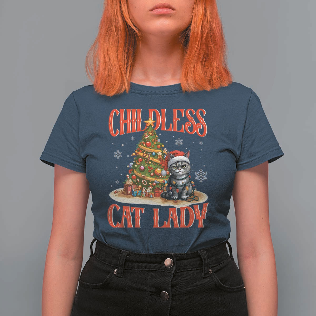 Christmas Childless Cat Lady T Shirt For Women Funny Cat Christmas Light Tree - Wonder Print Shop