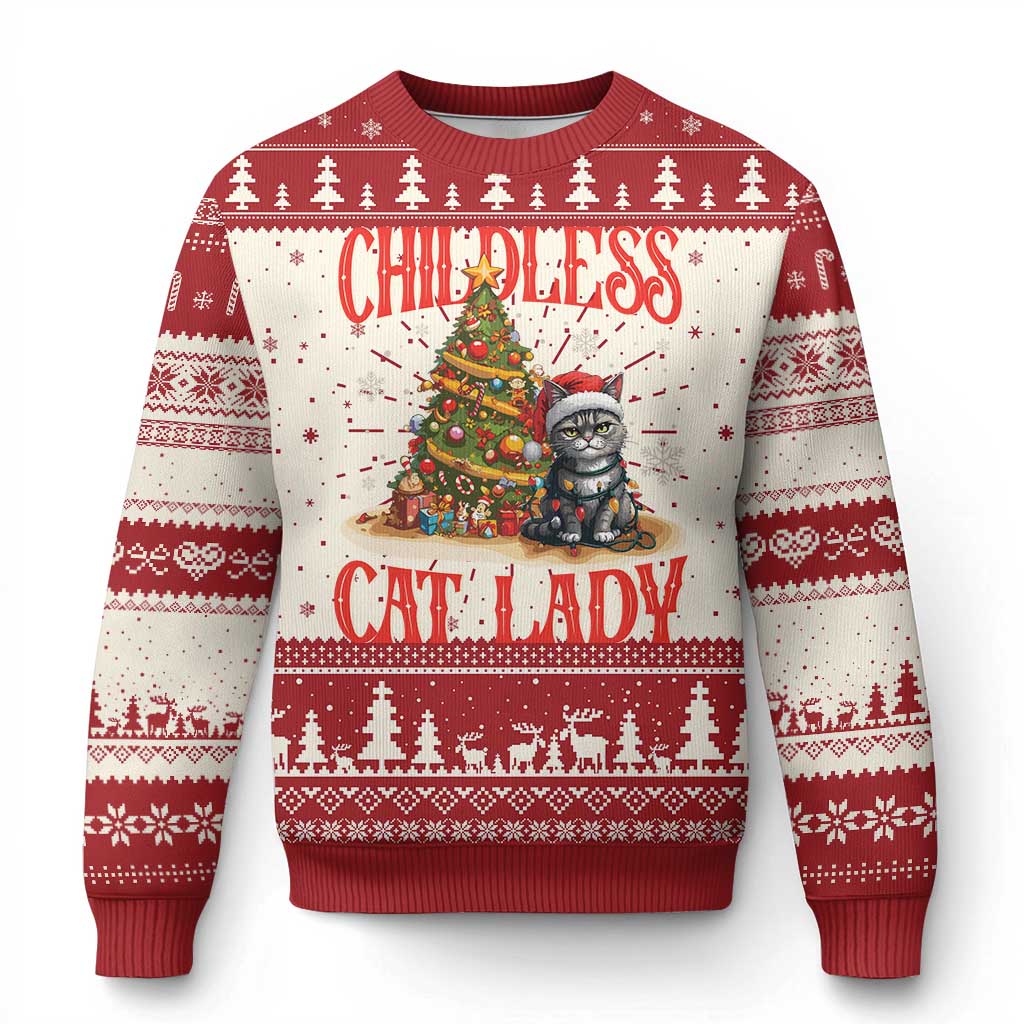 Xmas Childless Cat Lady Ugly Christmas Sweater Funny Cat Christmas Light Tree - Wonder Print Shop