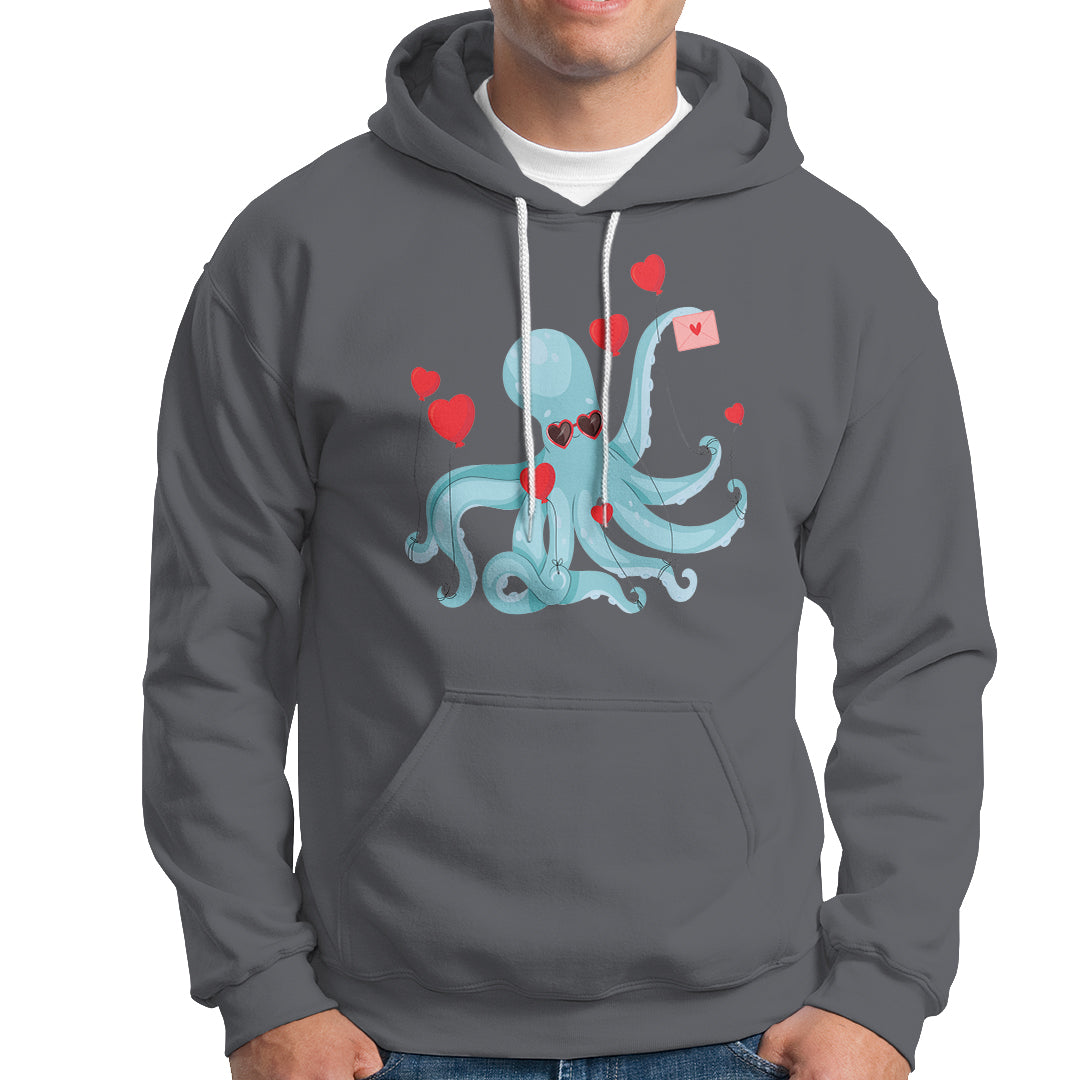 Valentine's Day Hoodie Octopus With Heart Balloons Cute Love Letter - Wonder Print Shop