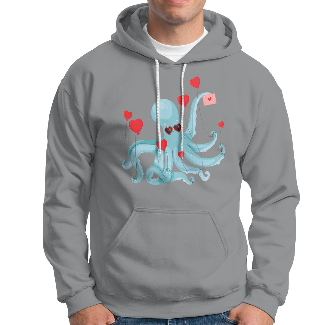 Valentine's Day Hoodie Octopus With Heart Balloons Cute Love Letter - Wonder Print Shop