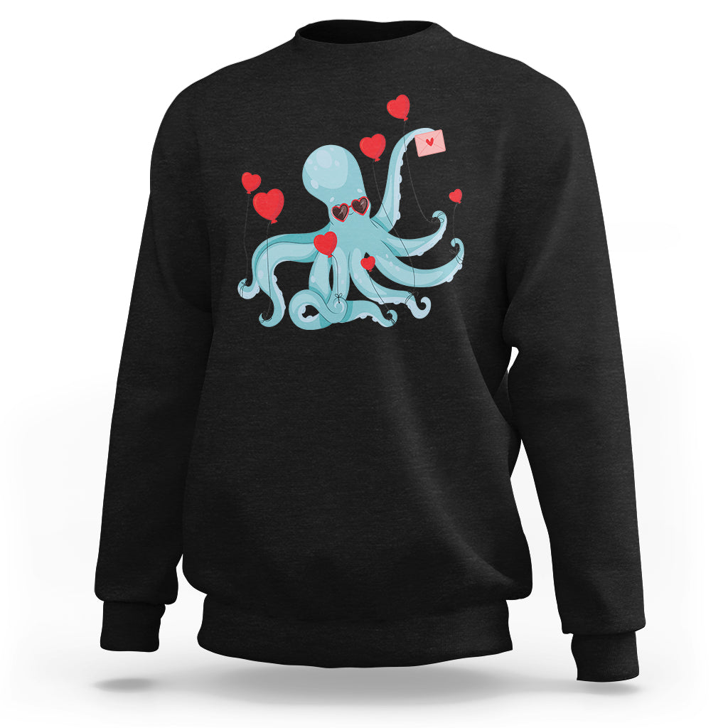 Valentine's Day Sweatshirt Octopus With Heart Balloons Cute Love Letter - Wonder Print Shop