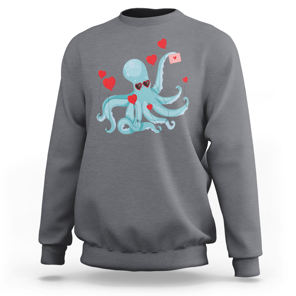 Valentine's Day Sweatshirt Octopus With Heart Balloons Cute Love Letter - Wonder Print Shop