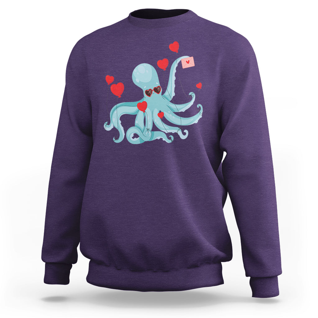 Valentine's Day Sweatshirt Octopus With Heart Balloons Cute Love Letter - Wonder Print Shop