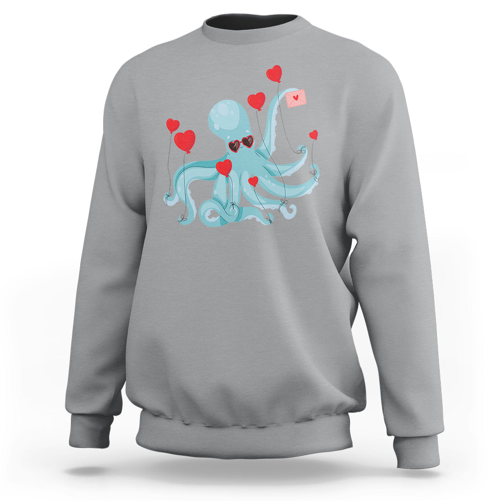 Valentine's Day Sweatshirt Octopus With Heart Balloons Cute Love Letter - Wonder Print Shop