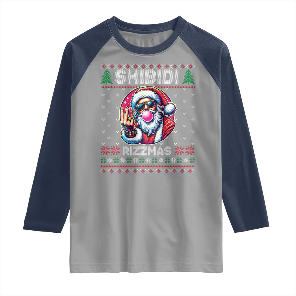 Funny Xmas Raglan Shirt Skibidi Rizzmas Santa Bubble Gum
