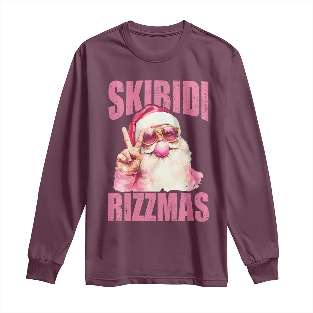 Funny Xmas Long Sleeve Shirt Skibidi Rizzmas Pink Santa Bubble Gum