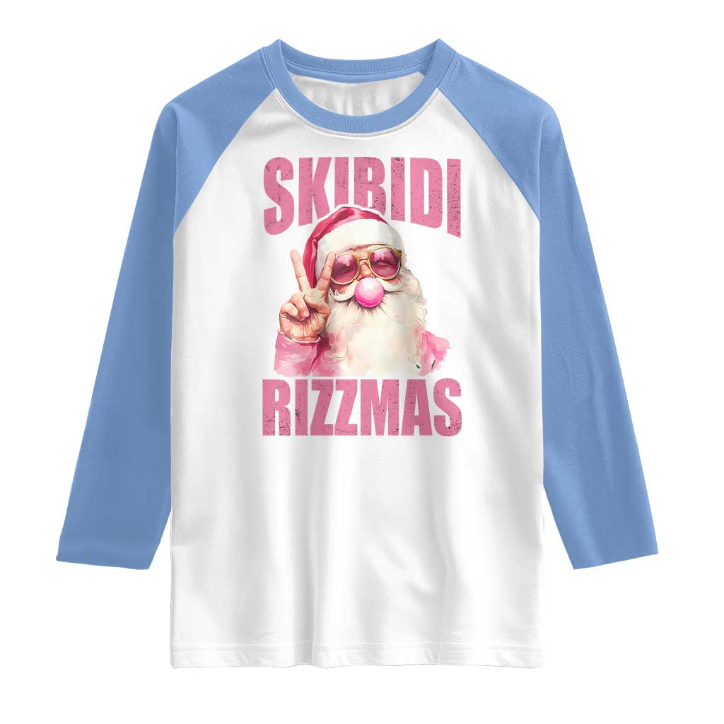 Funny Xmas Raglan Shirt Skibidi Rizzmas Pink Santa Bubble Gum