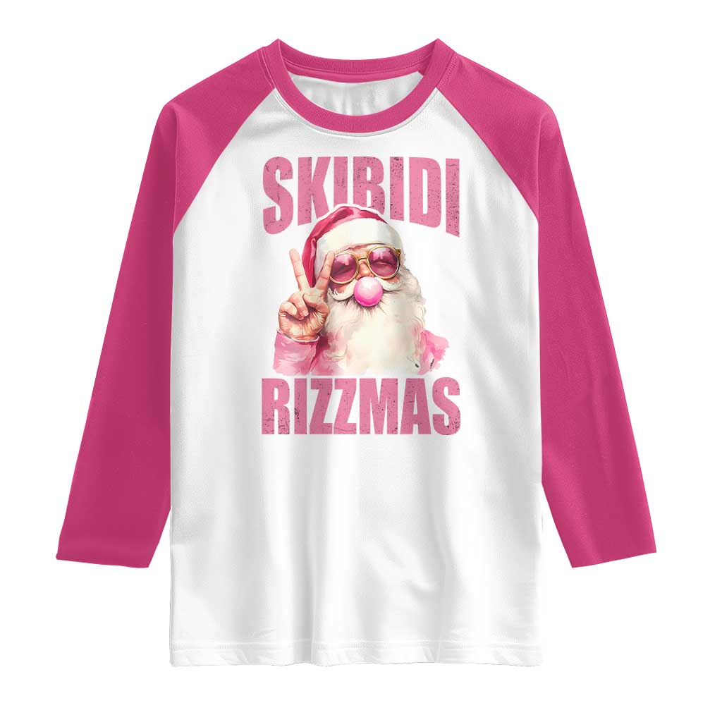 Funny Xmas Raglan Shirt Skibidi Rizzmas Pink Santa Bubble Gum