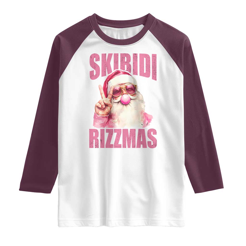 Funny Xmas Raglan Shirt Skibidi Rizzmas Pink Santa Bubble Gum
