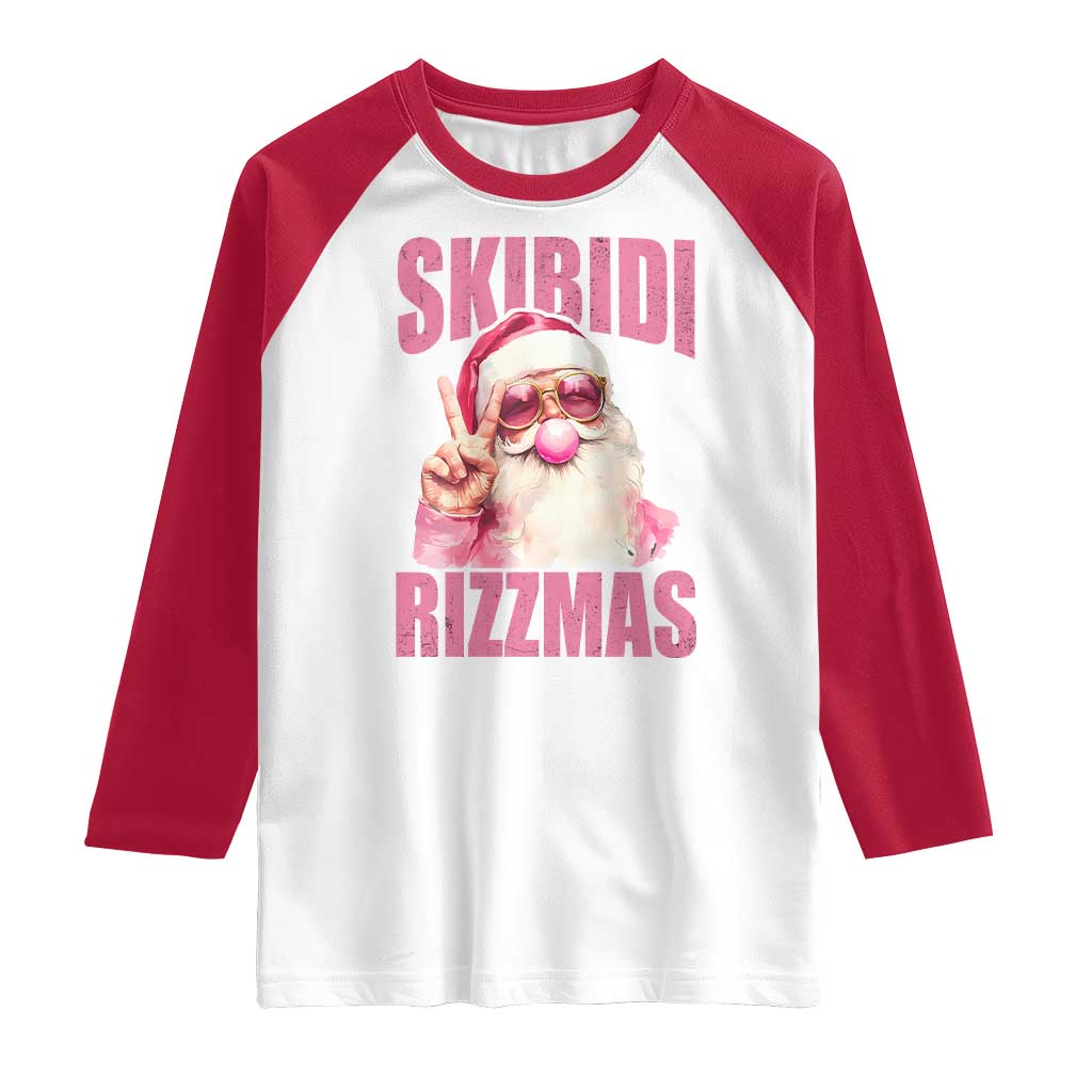 Funny Xmas Raglan Shirt Skibidi Rizzmas Pink Santa Bubble Gum
