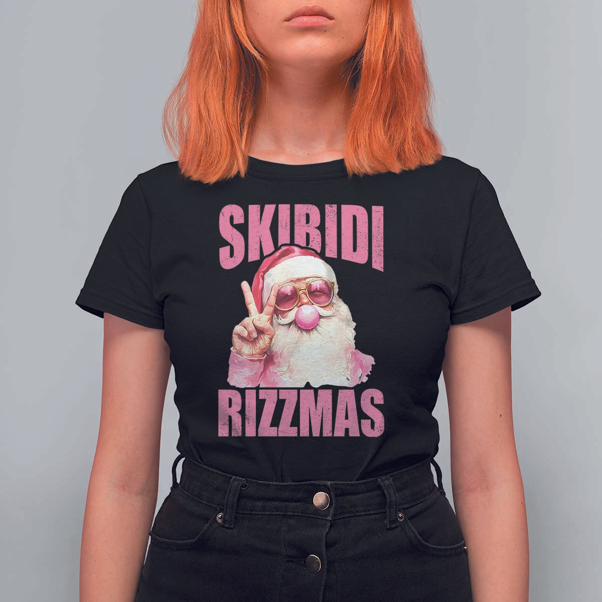 Funny Xmas T Shirt For Women Skibidi Rizzmas Pink Santa Bubble Gum - Wonder Print Shop