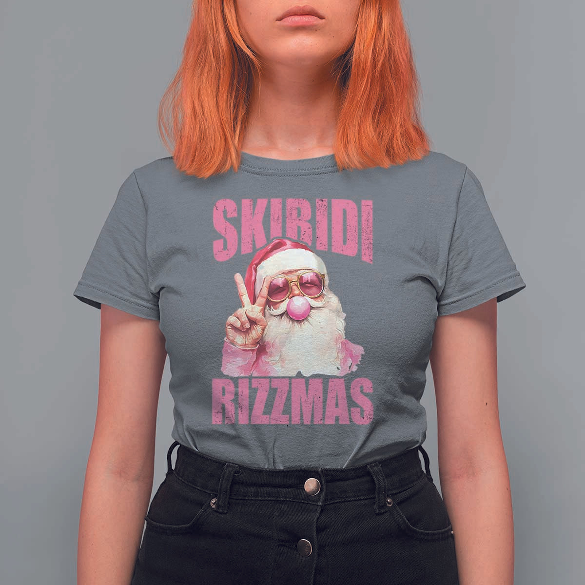 Funny Xmas T Shirt For Women Skibidi Rizzmas Pink Santa Bubble Gum - Wonder Print Shop