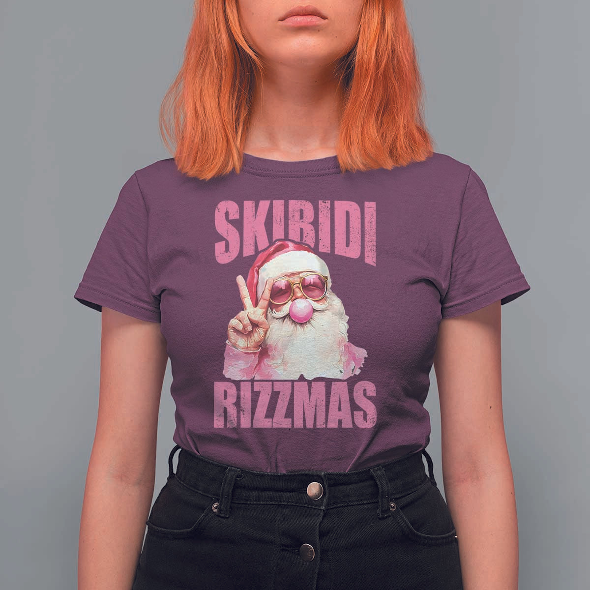 Funny Xmas T Shirt For Women Skibidi Rizzmas Pink Santa Bubble Gum - Wonder Print Shop
