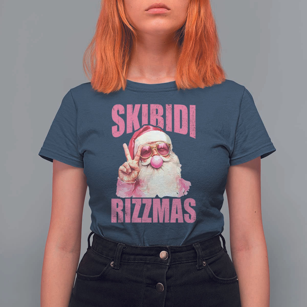 Funny Xmas T Shirt For Women Skibidi Rizzmas Pink Santa Bubble Gum - Wonder Print Shop