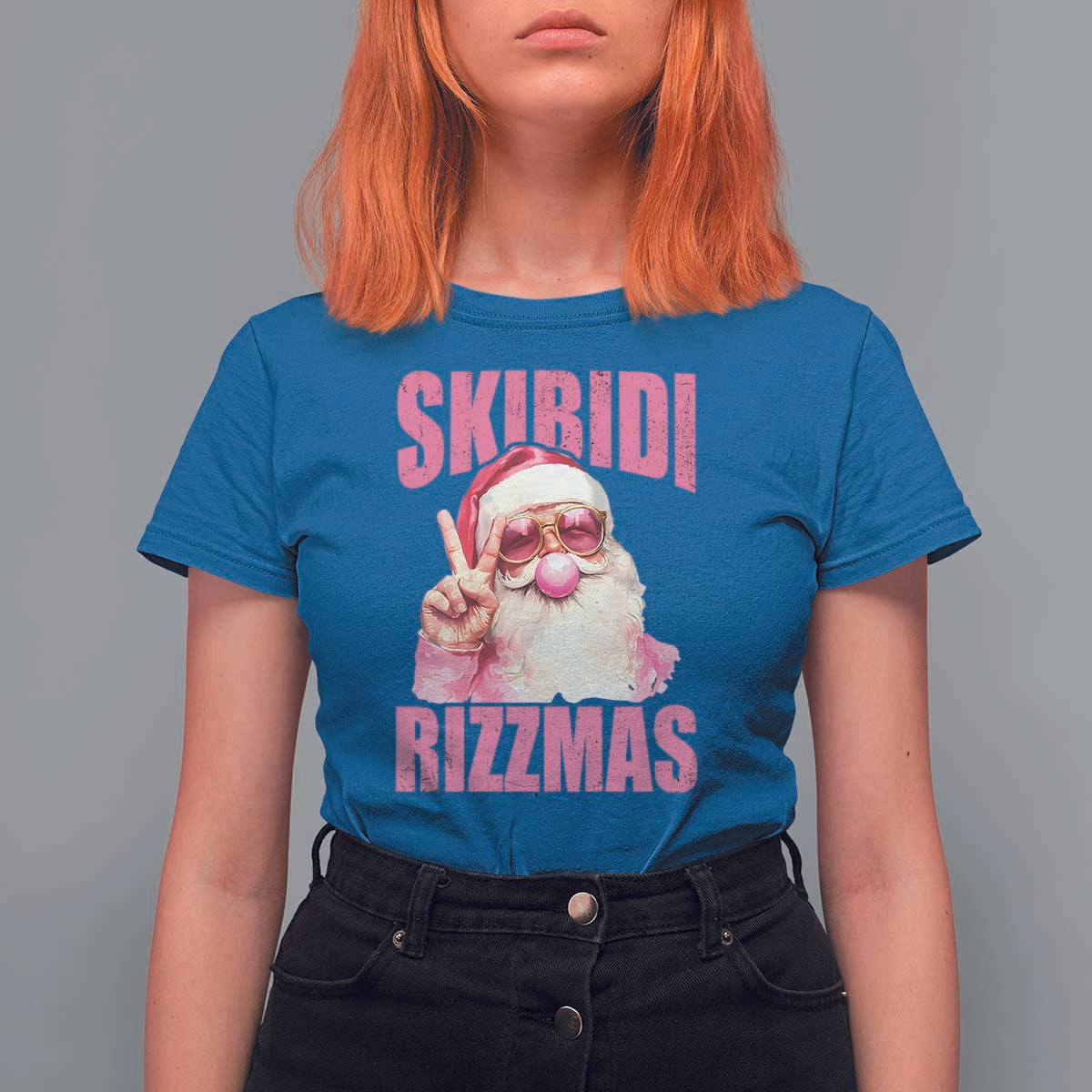 Funny Xmas T Shirt For Women Skibidi Rizzmas Pink Santa Bubble Gum - Wonder Print Shop