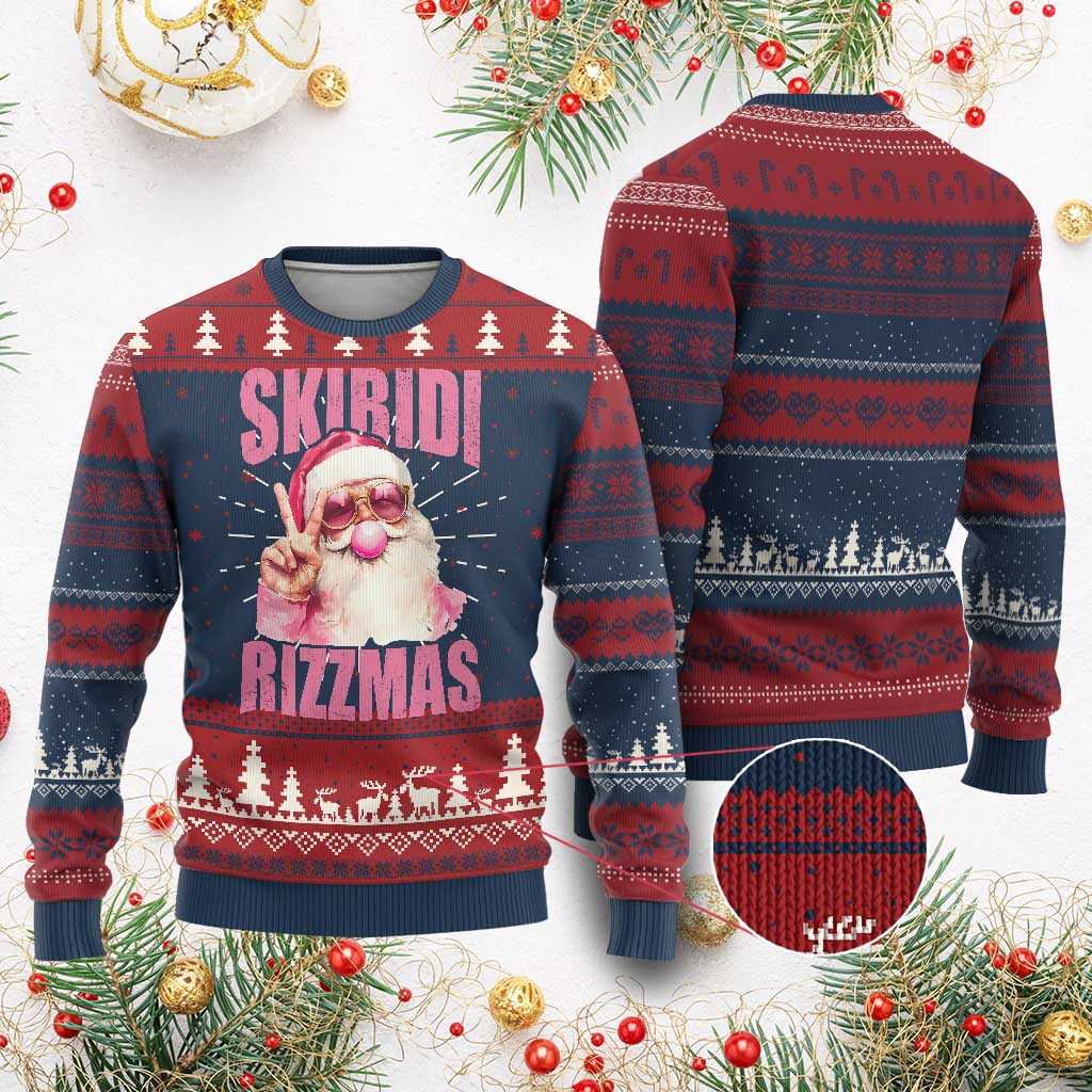Funny Xmas Ugly Christmas Sweater Skibidi Rizzmas Pink Santa Bubble Gum - Wonder Print Shop