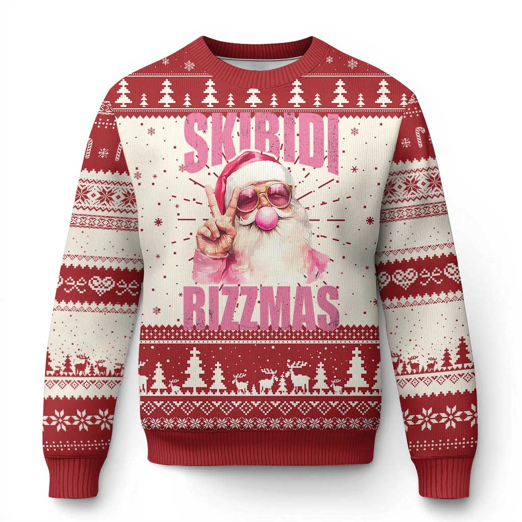 Funny Xmas Ugly Christmas Sweater Skibidi Rizzmas Pink Santa Bubble Gum - Wonder Print Shop