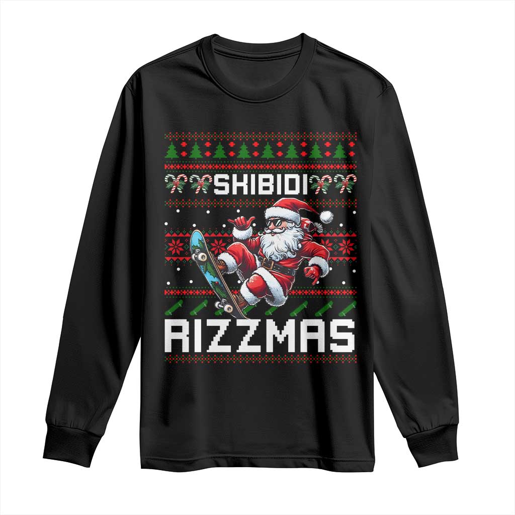 Funny Xmas Long Sleeve Shirt Skibidi Rizzmas Cool Santa Skateboard Rizz