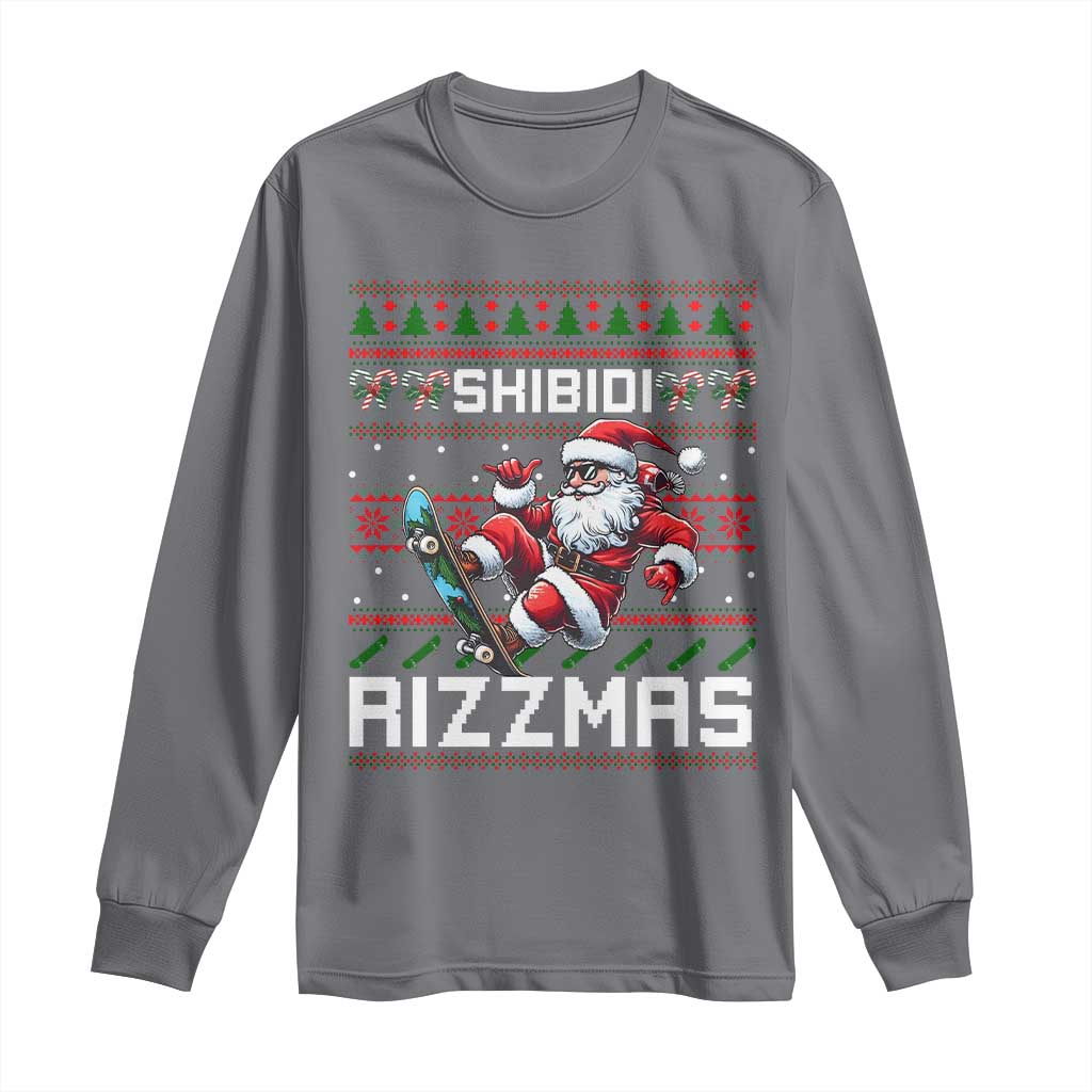 Funny Xmas Long Sleeve Shirt Skibidi Rizzmas Cool Santa Skateboard Rizz
