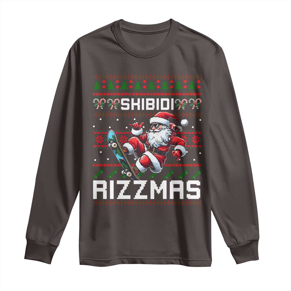 Funny Xmas Long Sleeve Shirt Skibidi Rizzmas Cool Santa Skateboard Rizz
