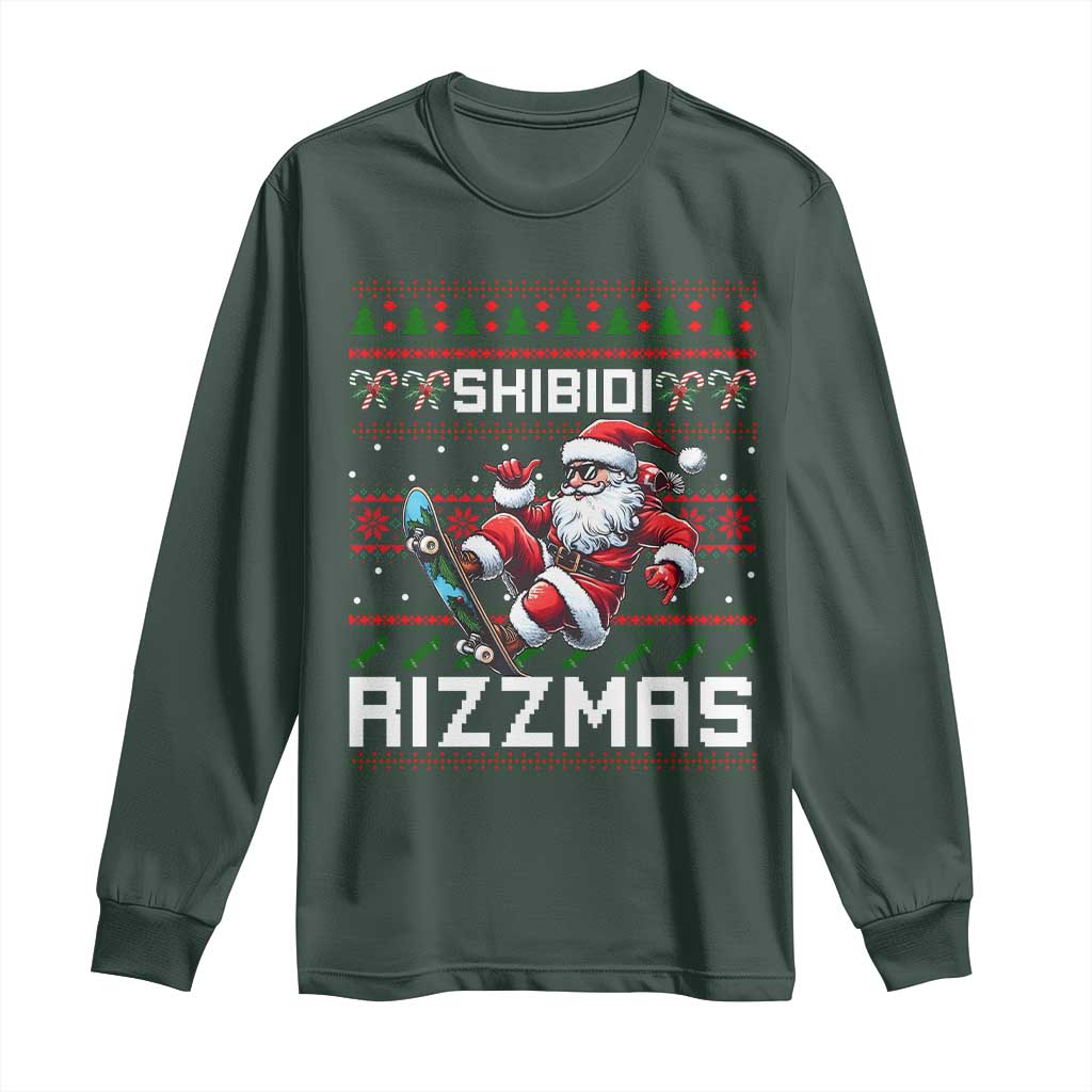 Funny Xmas Long Sleeve Shirt Skibidi Rizzmas Cool Santa Skateboard Rizz