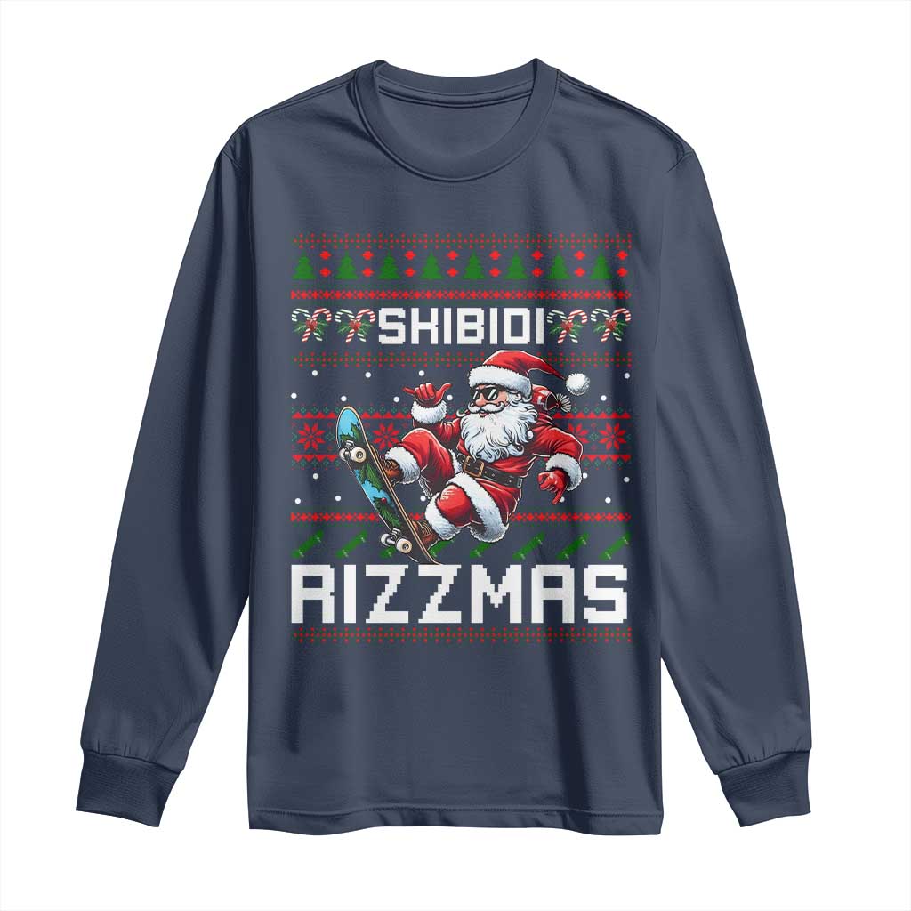 Funny Xmas Long Sleeve Shirt Skibidi Rizzmas Cool Santa Skateboard Rizz