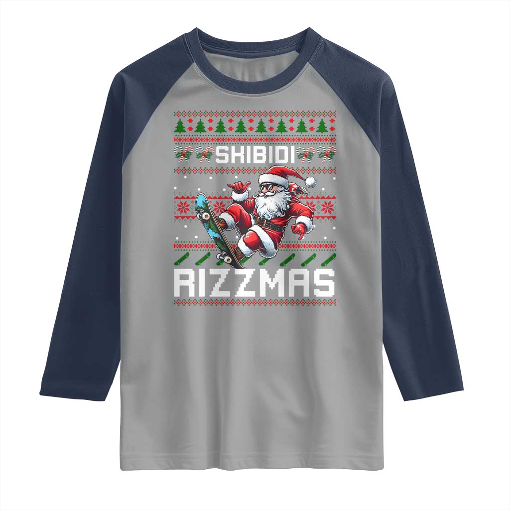 Funny Xmas Raglan Shirt Skibidi Rizzmas Cool Santa Skateboard Rizz