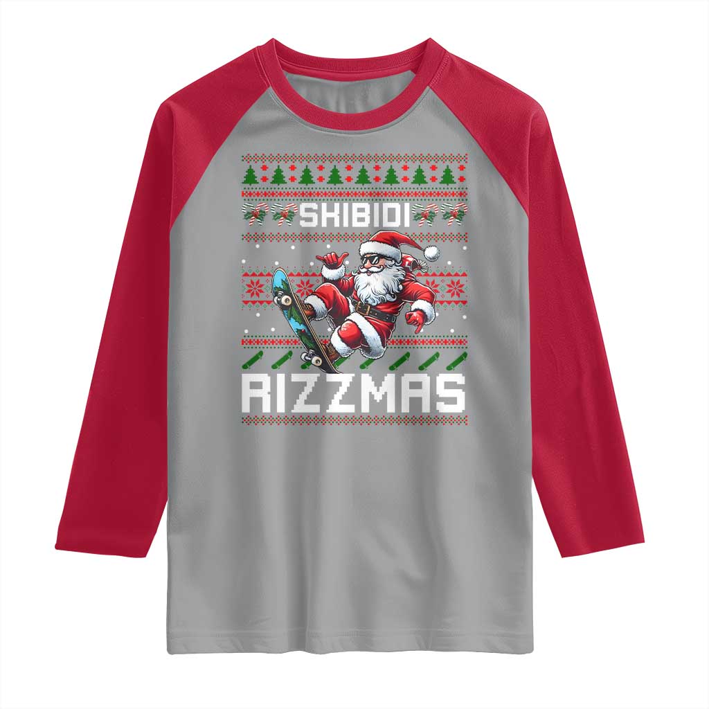 Funny Xmas Raglan Shirt Skibidi Rizzmas Cool Santa Skateboard Rizz