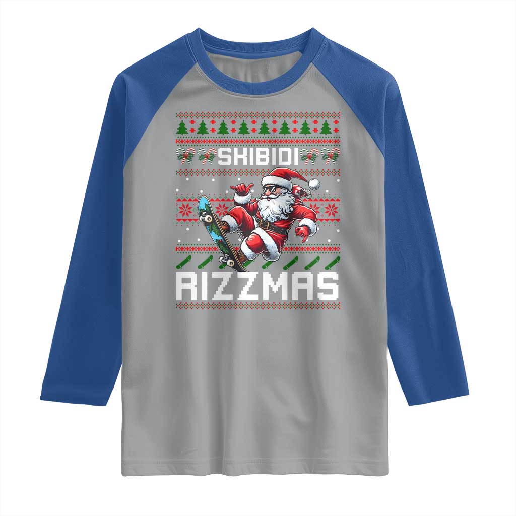 Funny Xmas Raglan Shirt Skibidi Rizzmas Cool Santa Skateboard Rizz