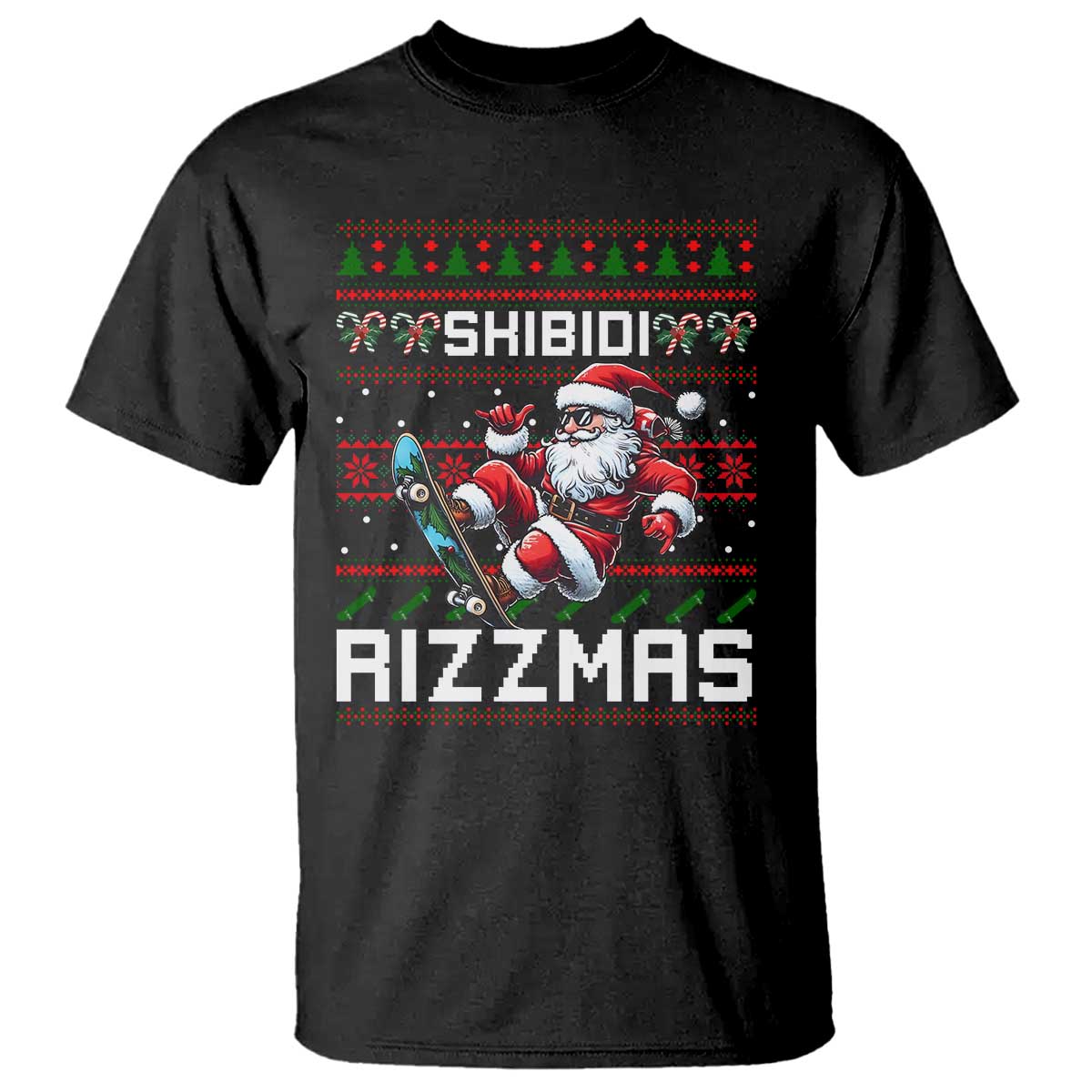 Funny Xmas T Shirt Skibidi Rizzmas Cool Santa Skateboard Rizz - Wonder Print Shop