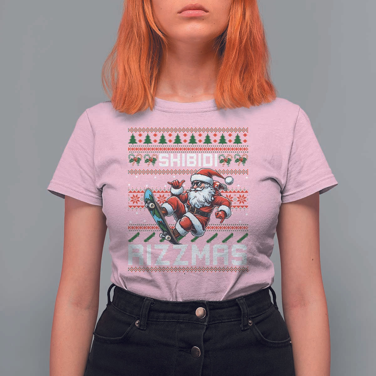 Funny Xmas T Shirt For Women Skibidi Rizzmas Cool Santa Skateboard Rizz - Wonder Print Shop