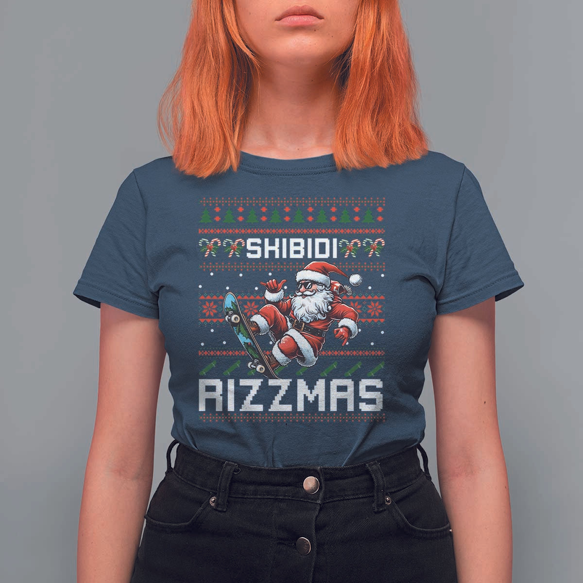 Funny Xmas T Shirt For Women Skibidi Rizzmas Cool Santa Skateboard Rizz - Wonder Print Shop