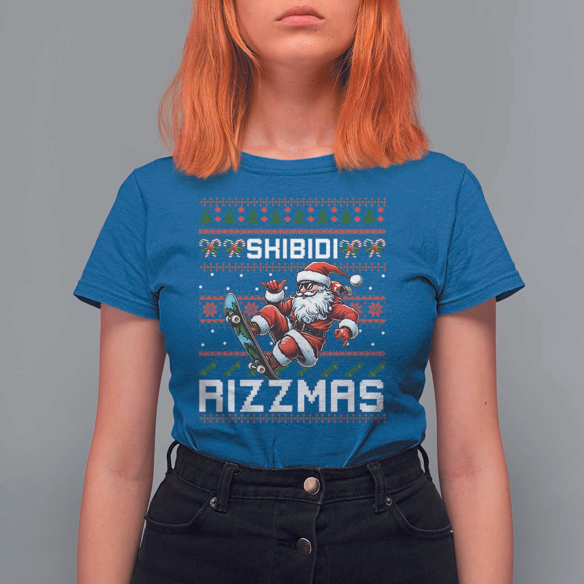 Funny Xmas T Shirt For Women Skibidi Rizzmas Cool Santa Skateboard Rizz - Wonder Print Shop