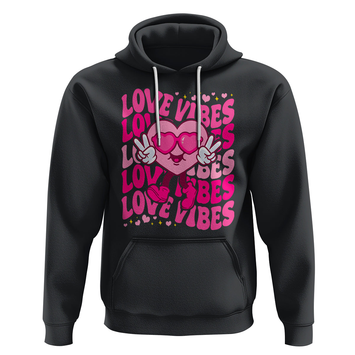 Valentine's Day Hoodie Retro Groovy Love Vibes Heart Eyes - Wonder Print Shop