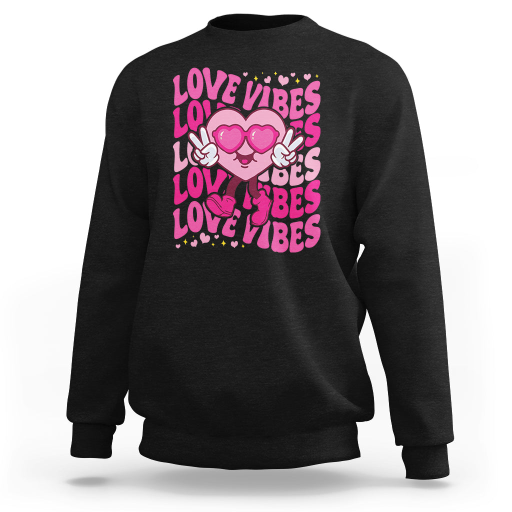 Valentine's Day Sweatshirt Retro Groovy Love Vibes Heart Eyes - Wonder Print Shop