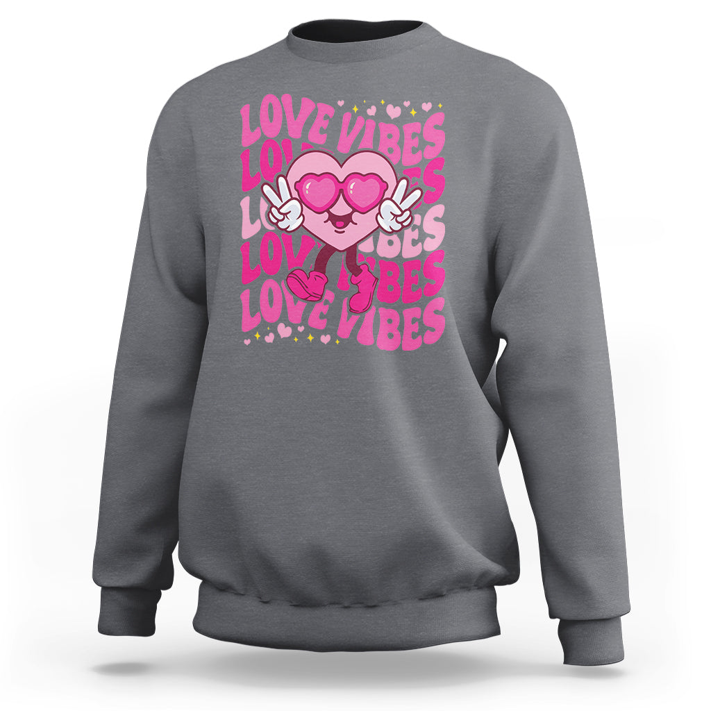Valentine's Day Sweatshirt Retro Groovy Love Vibes Heart Eyes - Wonder Print Shop