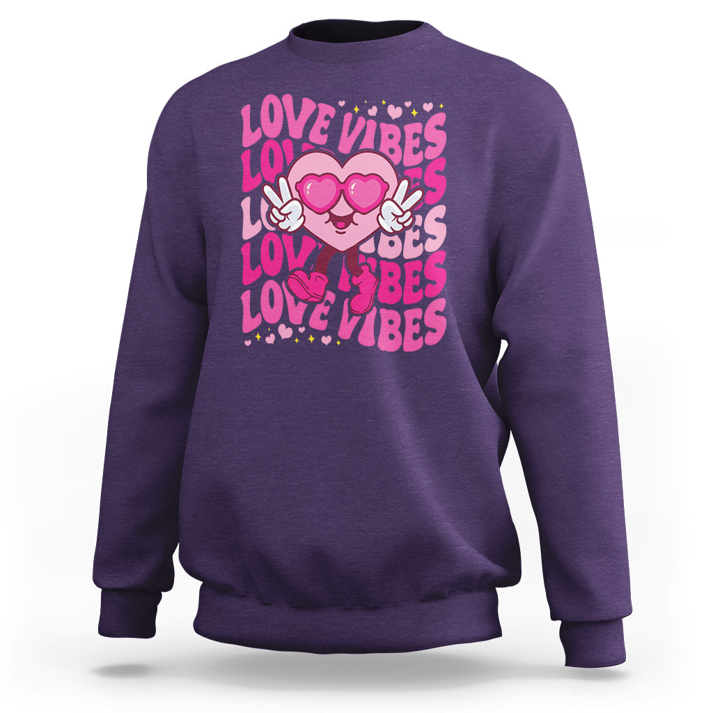 Valentine's Day Sweatshirt Retro Groovy Love Vibes Heart Eyes - Wonder Print Shop