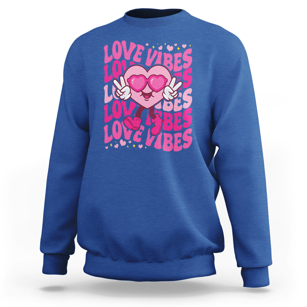 Valentine's Day Sweatshirt Retro Groovy Love Vibes Heart Eyes - Wonder Print Shop