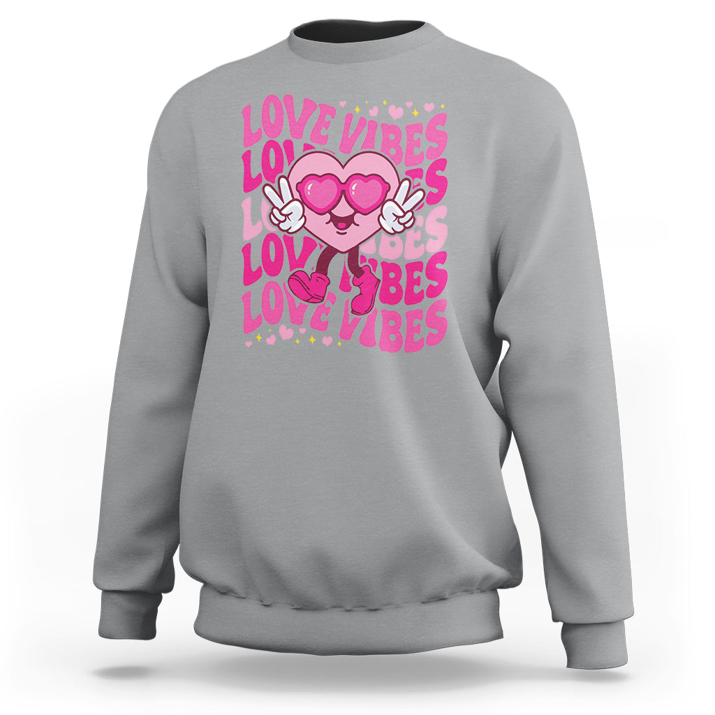 Valentine's Day Sweatshirt Retro Groovy Love Vibes Heart Eyes - Wonder Print Shop